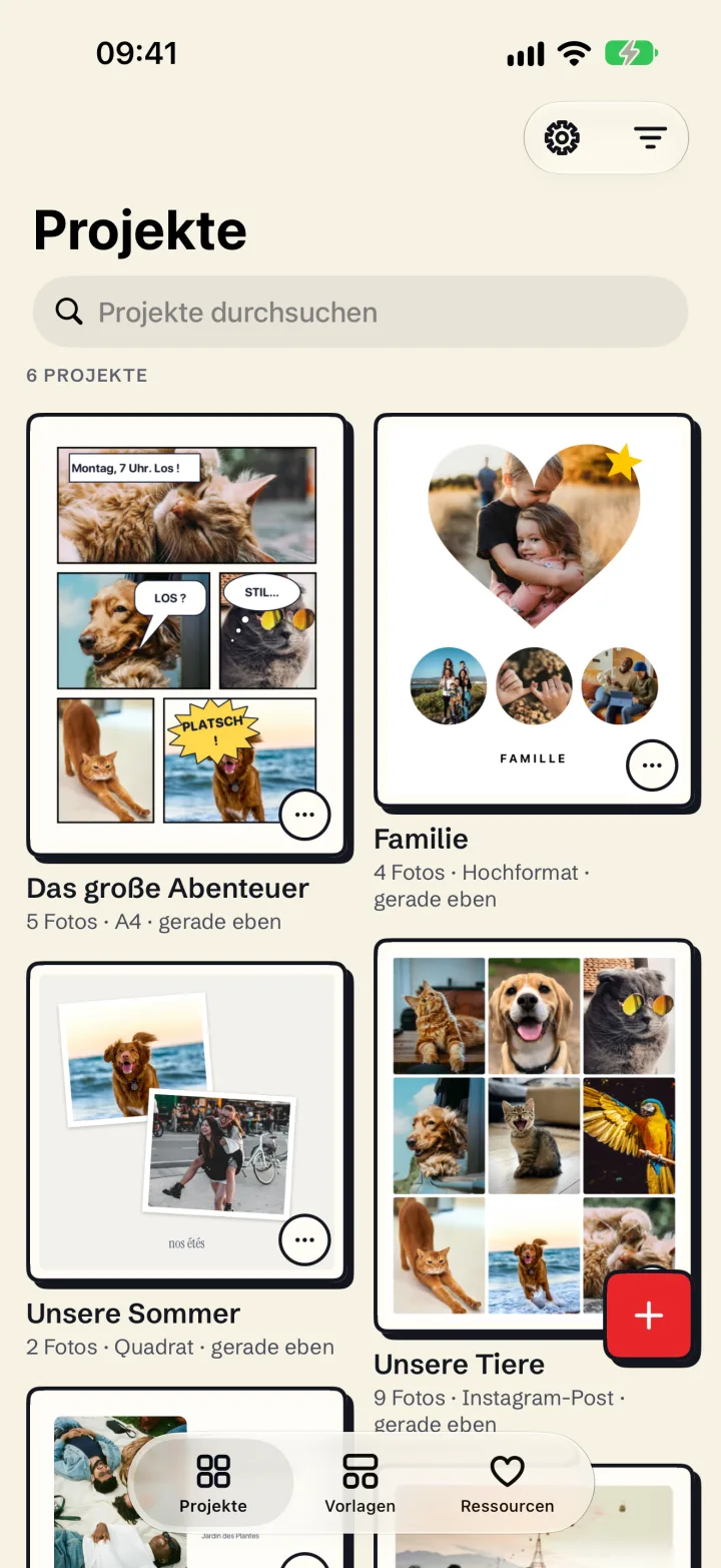 Die Projektbibliothek von Mosaira auf dem iPhone: eine Comicseite, eine Herzcollage und ein Tierraster