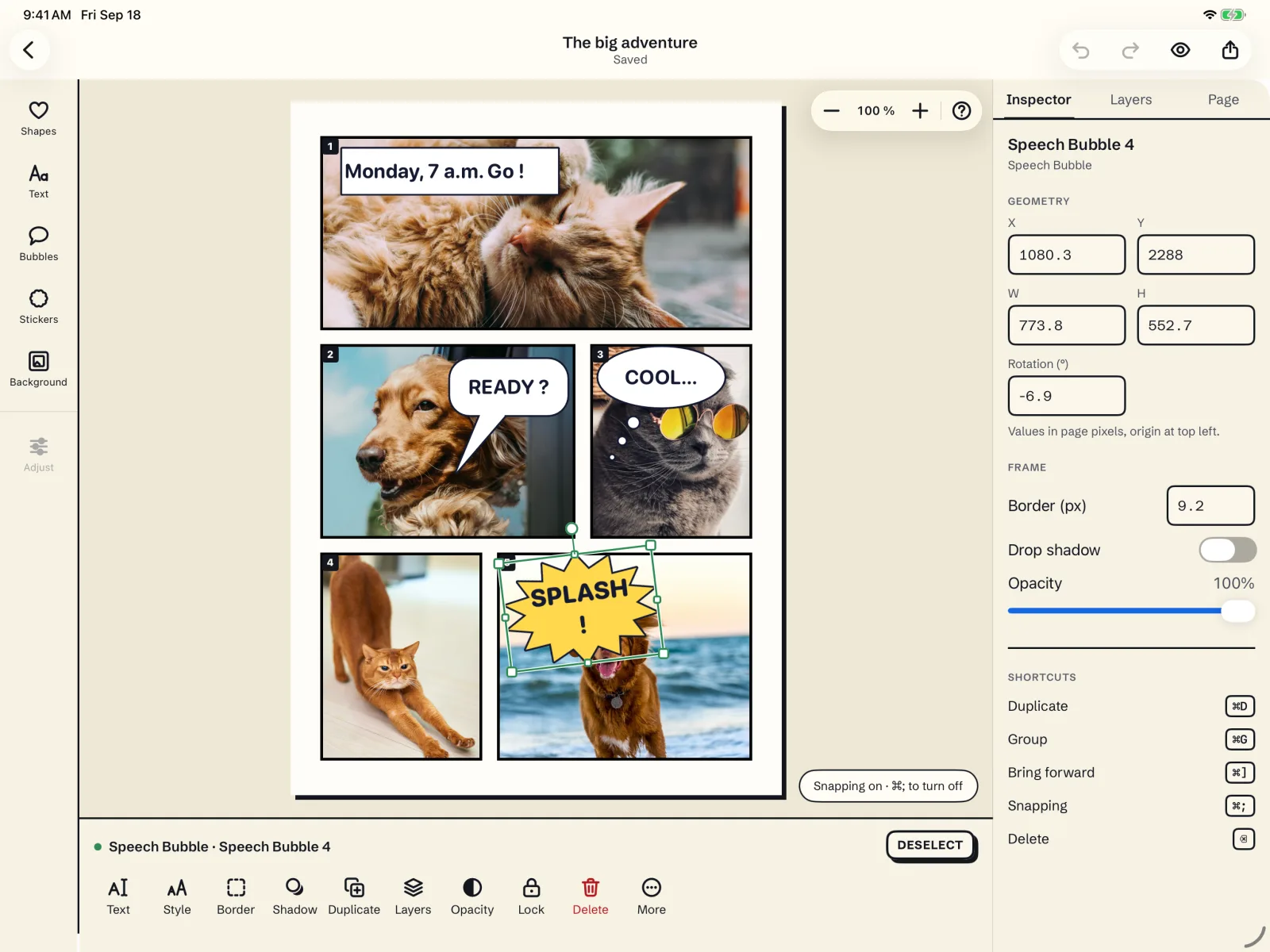 The Mosaira workshop on iPad in landscape, with tools, page and inspector