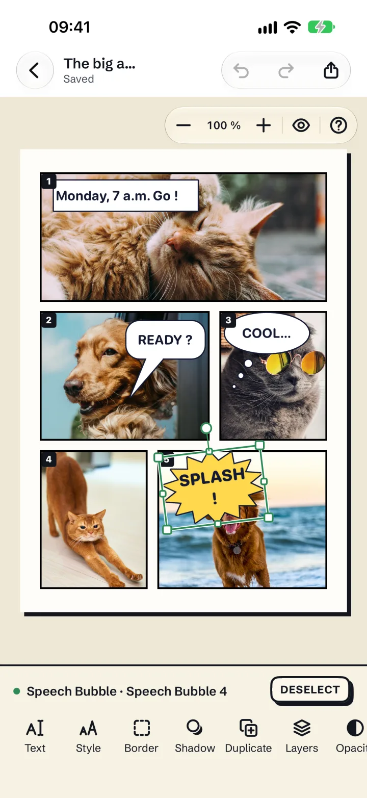 The Mosaira comic page editor with five panels, speech bubbles and a SPLASH sound effect