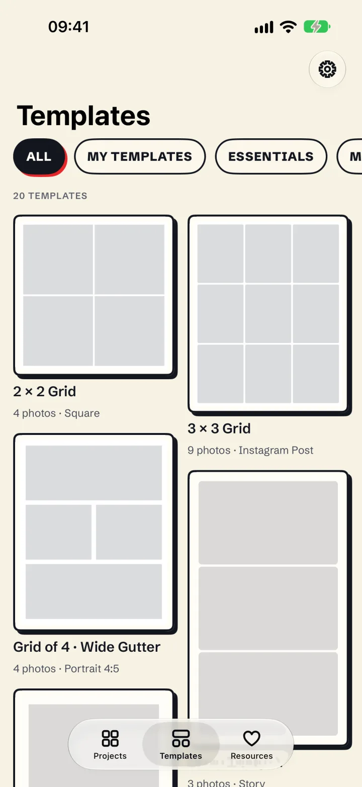 The Mosaira template library with its categories