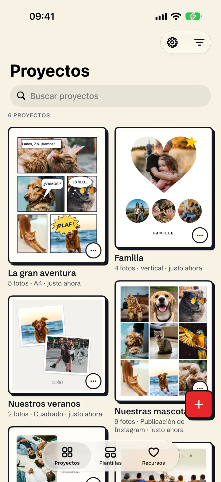 La biblioteca de proyectos de Mosaira en iPhone: una página de cómic, un collage en forma de corazón y una cuadrícula de animales