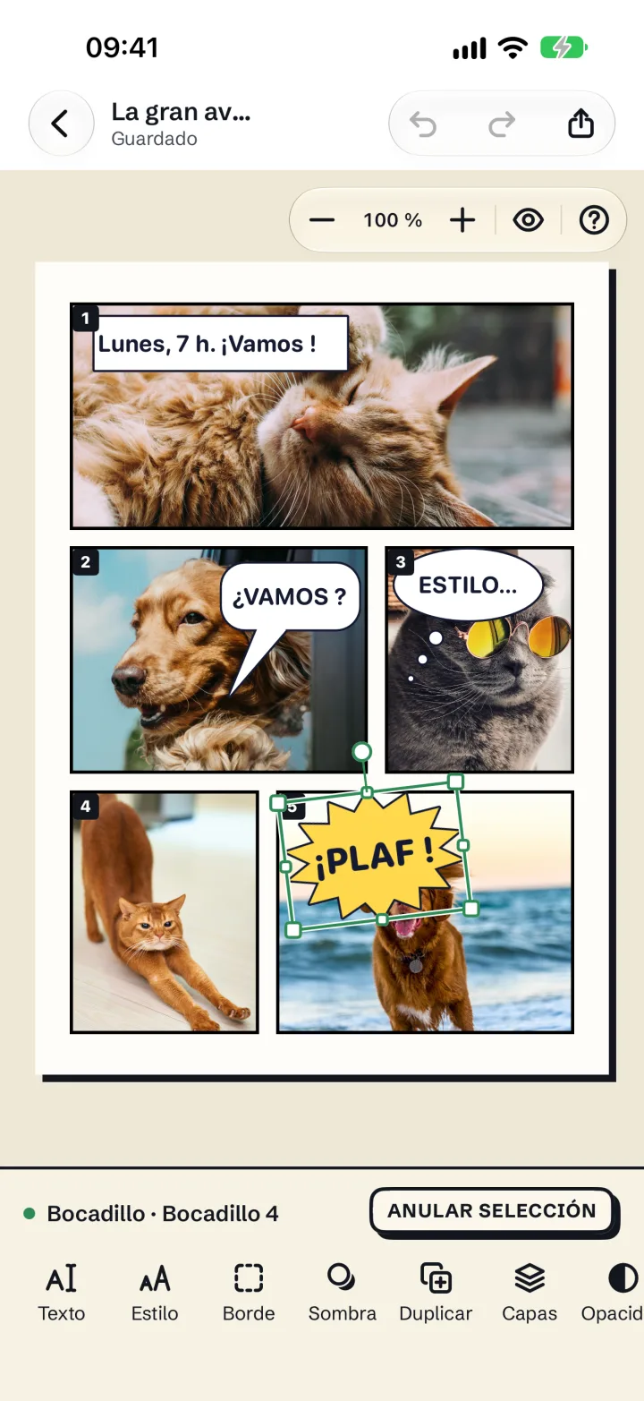 El editor de páginas de cómic de Mosaira con cinco viñetas, bocadillos y una onomatopeya ¡PLAF!