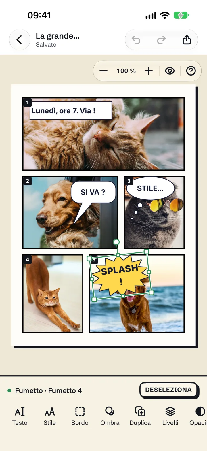 L'editor di tavole a fumetti di Mosaira con cinque vignette, nuvolette e un'onomatopea SPLASH