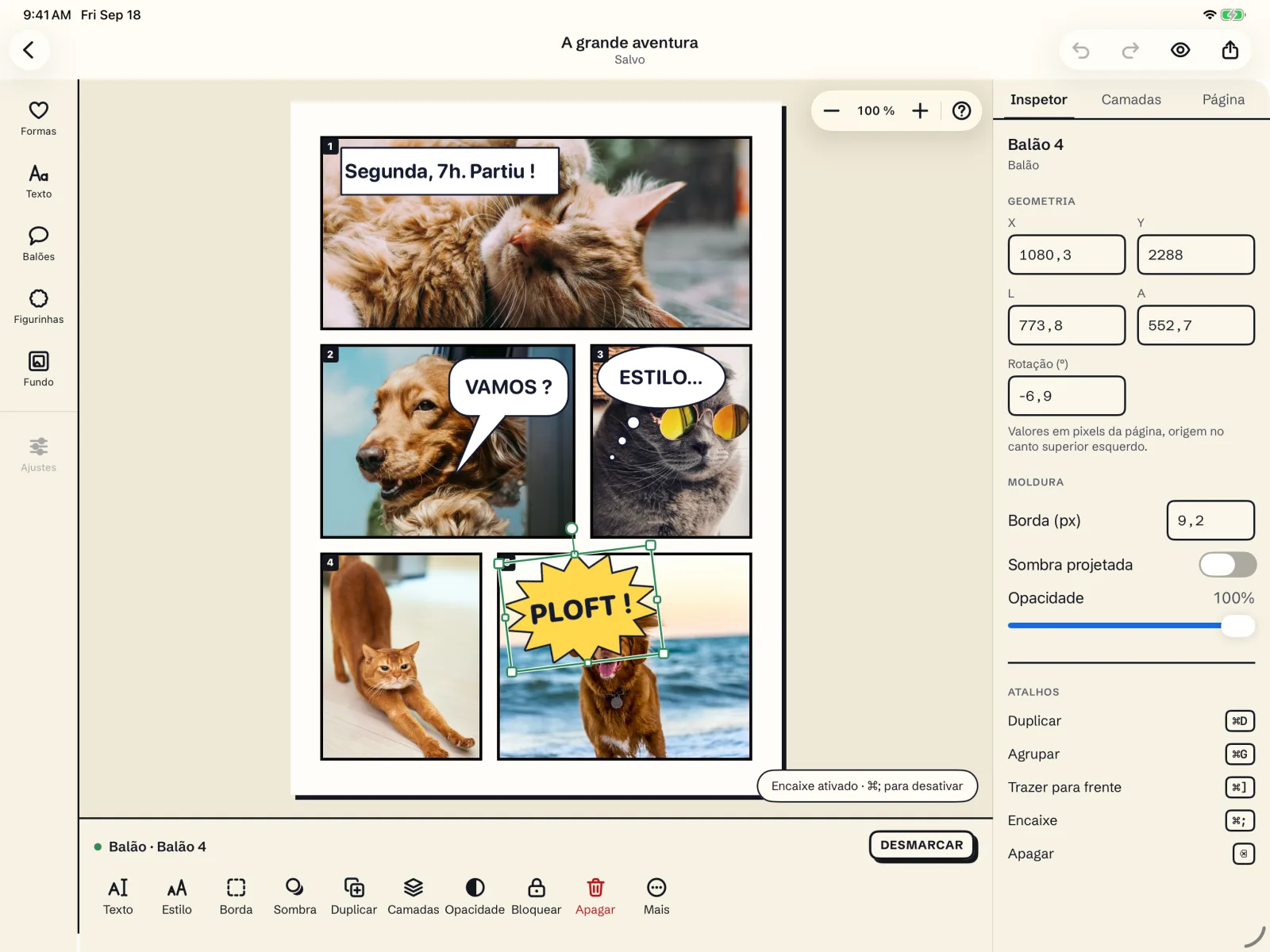 O ateliê do Mosaira no iPad na horizontal, com ferramentas, página e inspetor